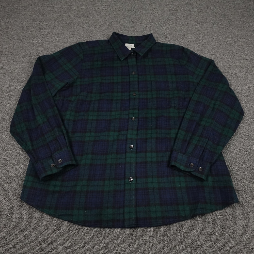 L.L.Bean Shirt Womens 1X Green Plaid 100% Cotton Flannel Button Up Fall Casual